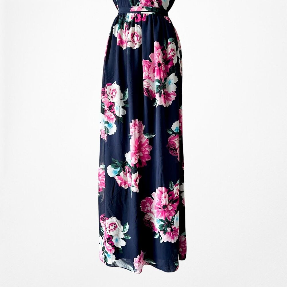 Vintage Y2K Sleeveless Navy Blue Pink Floral Flared Waist Tie Maxi Dress Size M - Picture 4 of 8